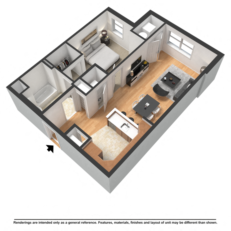 Floor plan for 1 bed, 1 bath, 694 sqft